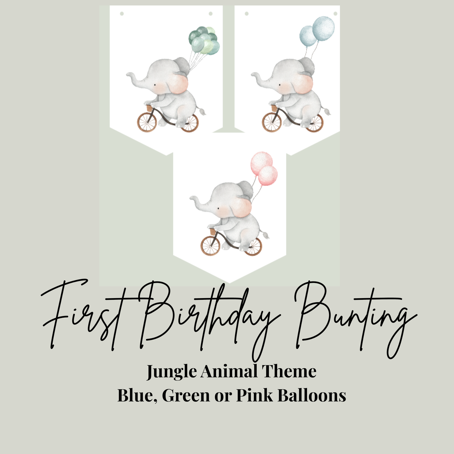 Jungle Animal First Birthday Bunting – Safari Elephant Birthday Banner