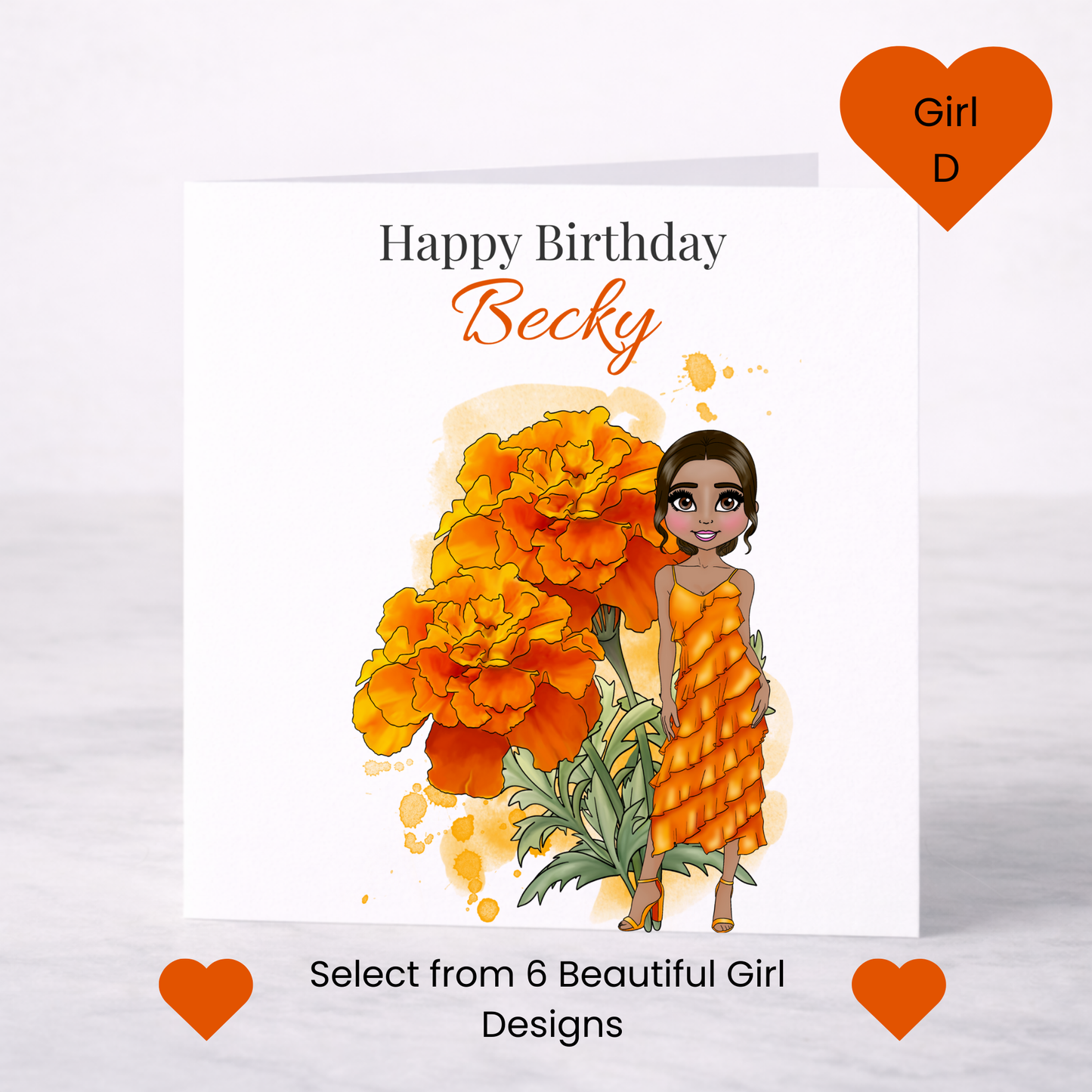 Personalised October Birth Flower Birthday Card – Marigold Design, Custom Name, Choice of Girl