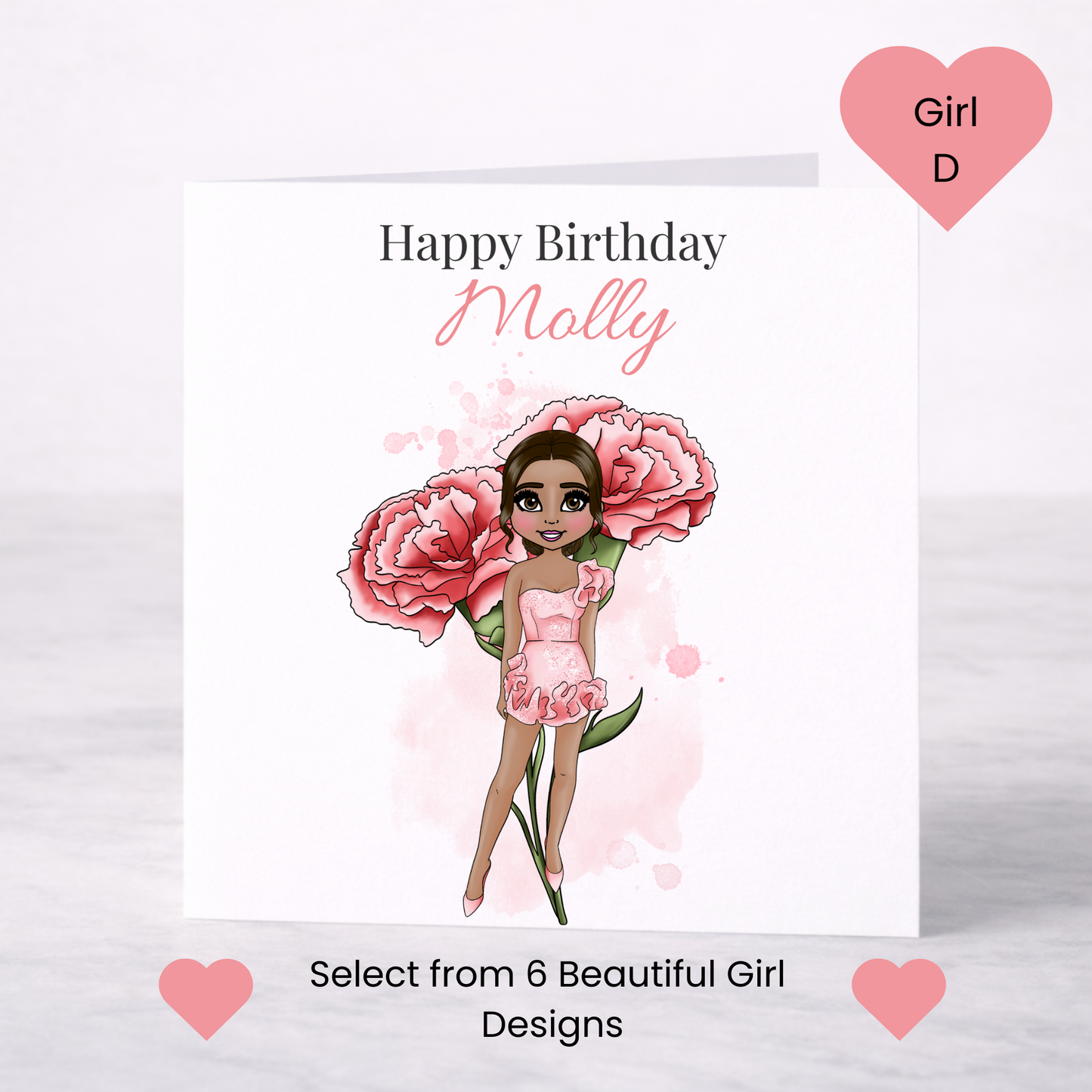 Personalised January Birth Flower Birthday Card – Carnation Design, Custom Name, Choice of Girl