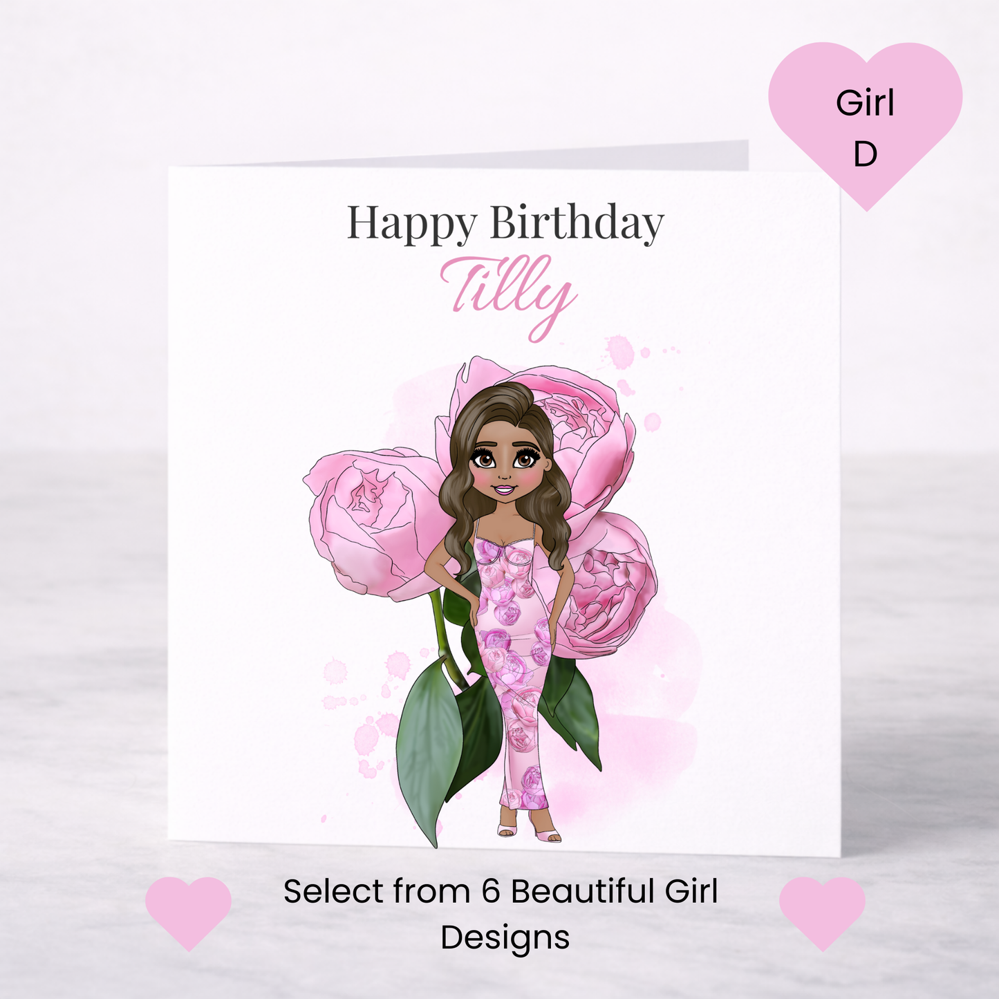 Personalised Peony Floral Birthday Card – Custom Name, Choice of Girl, Elegant Birthday Card for Her