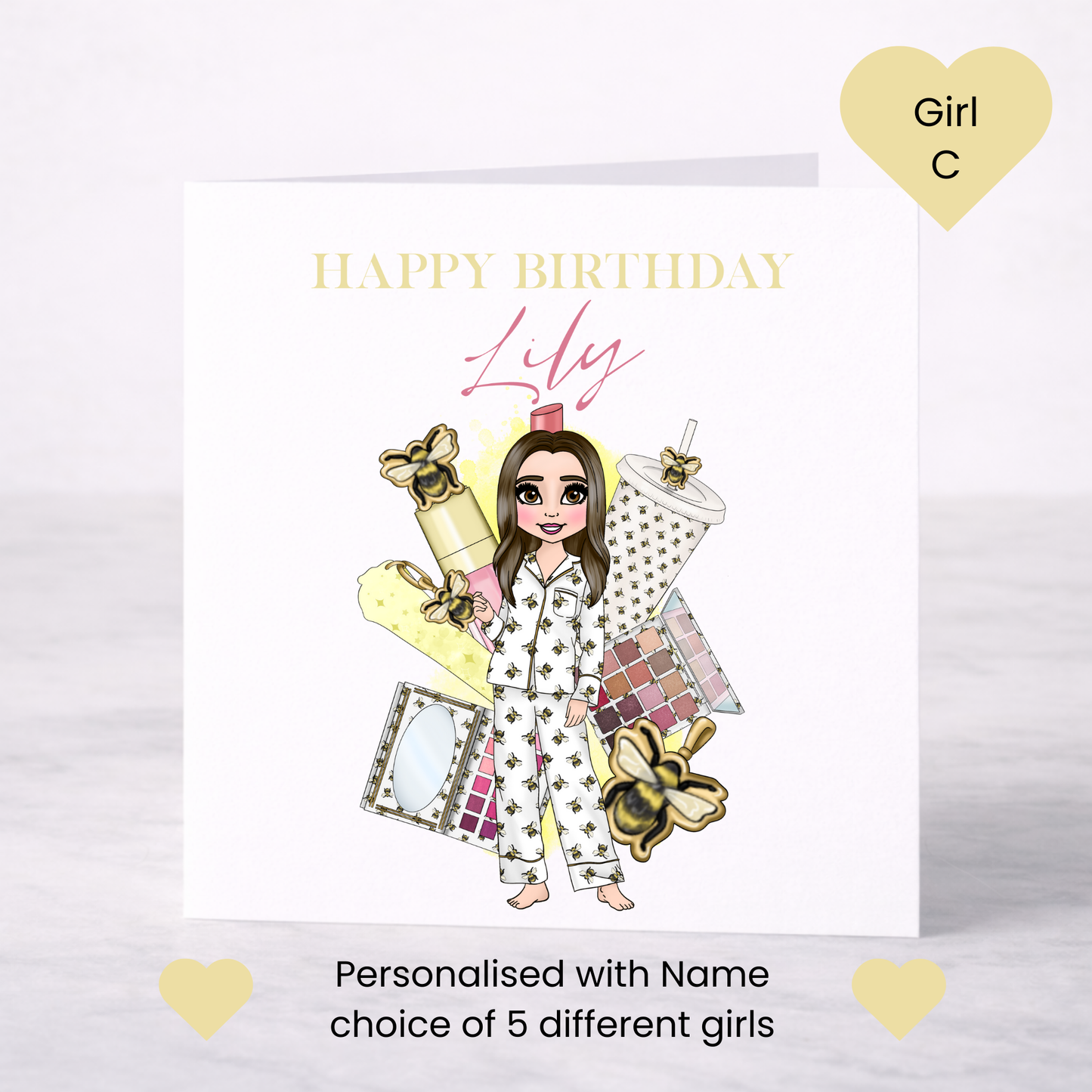 Personalised Makeup Birthday Card – Teen Girl Bee Pyjama Design