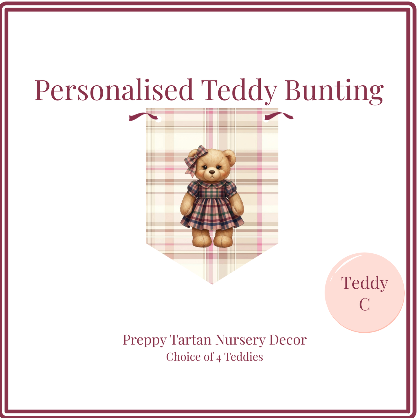 Personalised Preppy Teddy Bear Name Bunting – Blush Tartan Girl Nursery Decoration