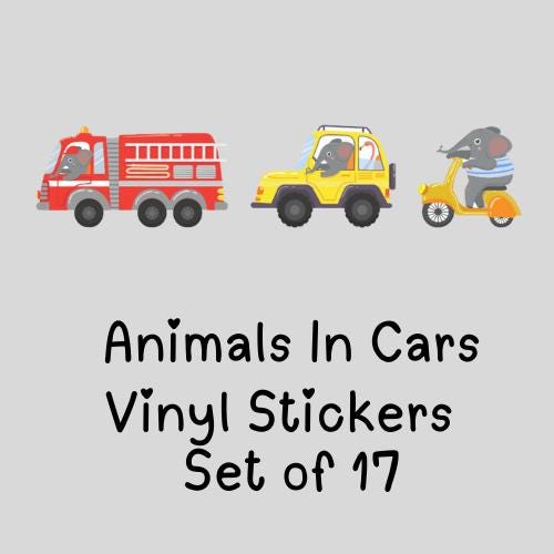 Animals in Cars Vinyl Wall Stickers – Cute Safari Vehicle Decals – Matt or Glossy Finish