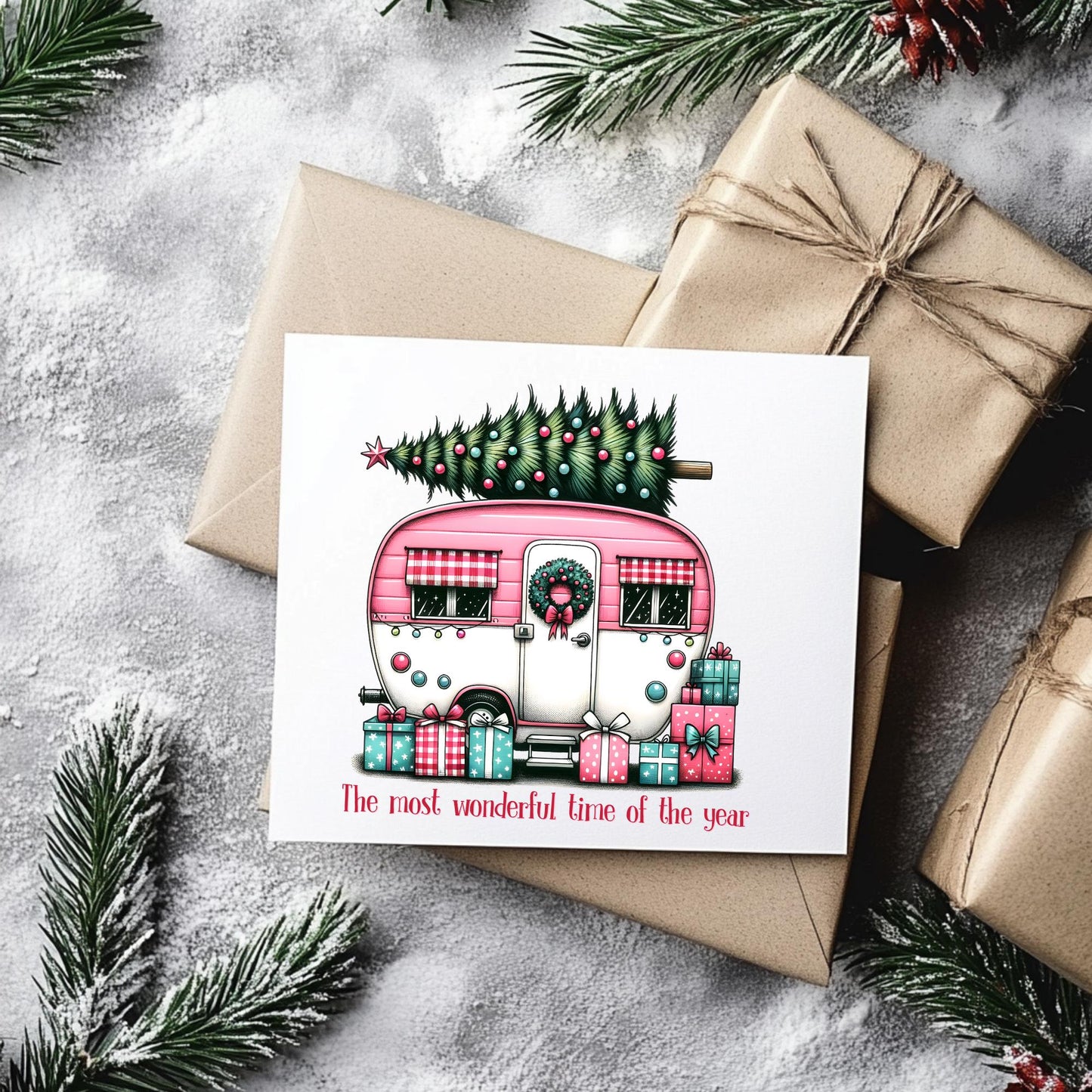 Vintage Caravan Christmas Card: Happy Holidays Camper Theme
