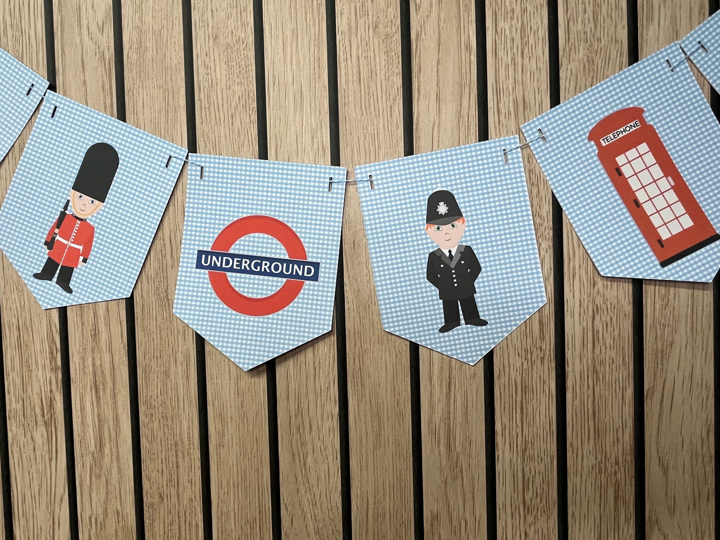 London Themed Bunting – British Nursery & Party Garland – Blue Gingham Design