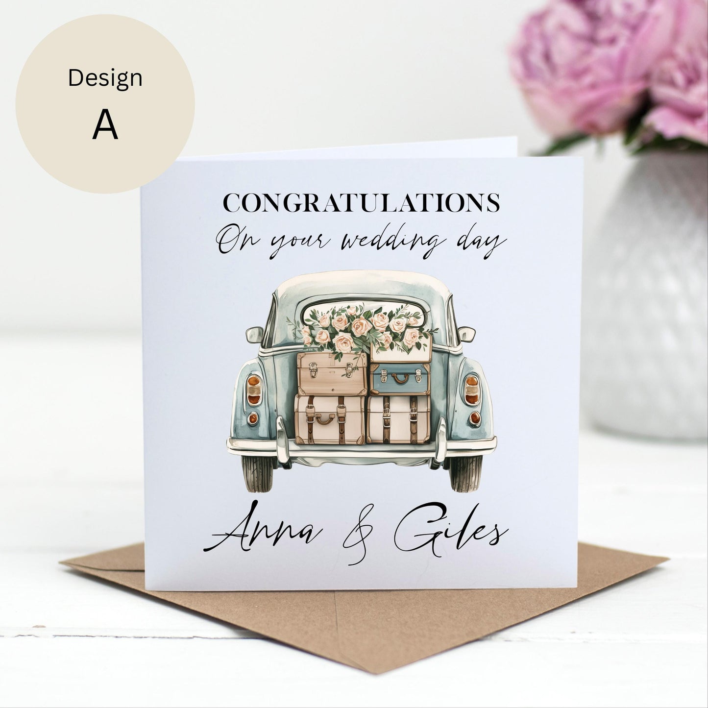 Personalised Vintage Car Wedding Card – Custom Names – 6 Designs Available