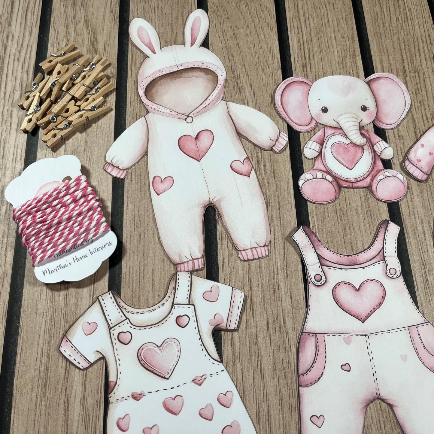 Pink Heart Baby Shower Bunting – Baby Clothes Garland with Wooden Pegs