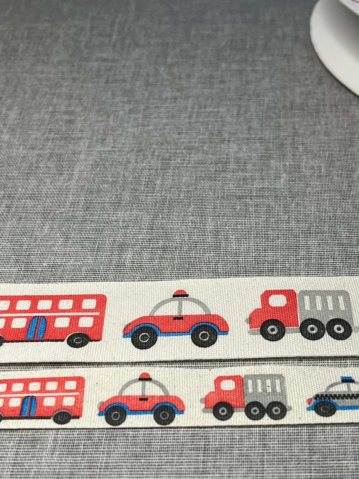 Transport Theme Ribbon, Cars Bus Truck Police Car Cotton Ribbon,  baby ribbon, boys ribbon, cake ribbon, craft ribbon,  25 mm or 15 mm wide