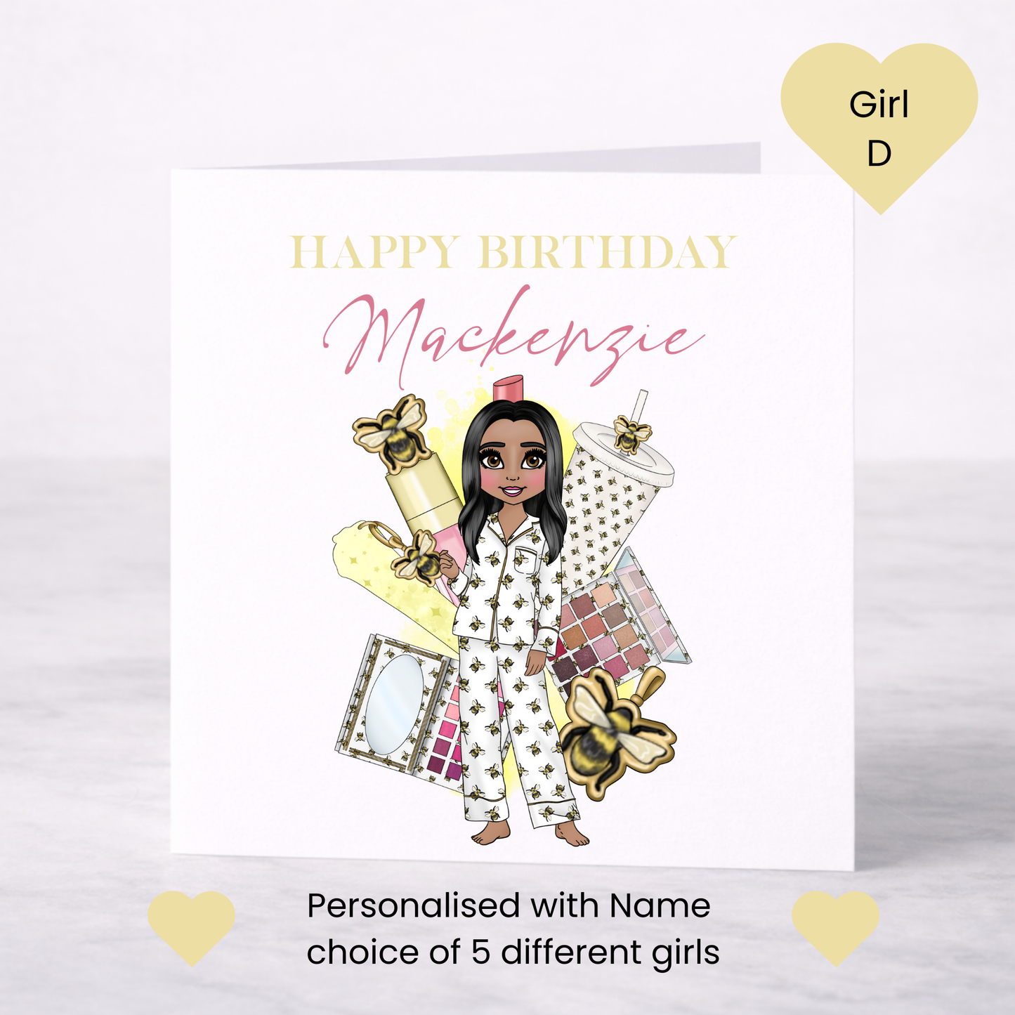 Personalised Makeup Birthday Card – Teen Girl Bee Pyjama Design