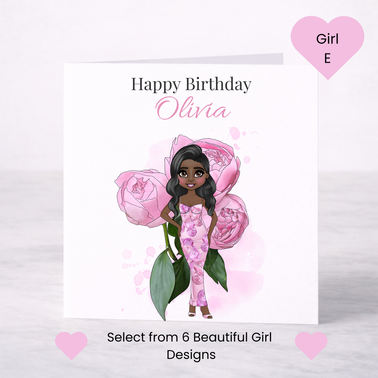 Personalised Peony Floral Birthday Card – Custom Name, Choice of Girl, Elegant Birthday Card for Her