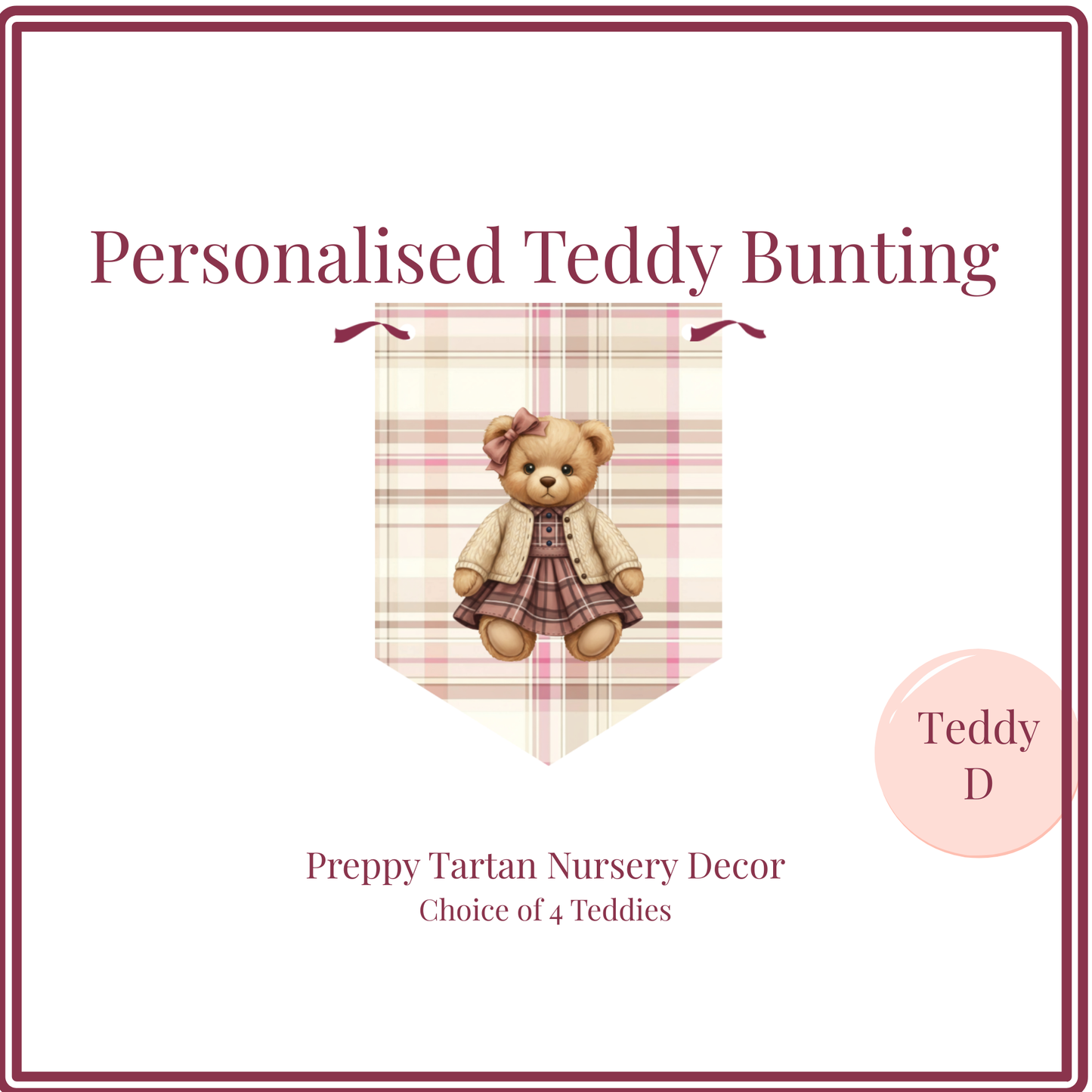 Personalised Preppy Teddy Bear Name Bunting – Blush Tartan Girl Nursery Decoration