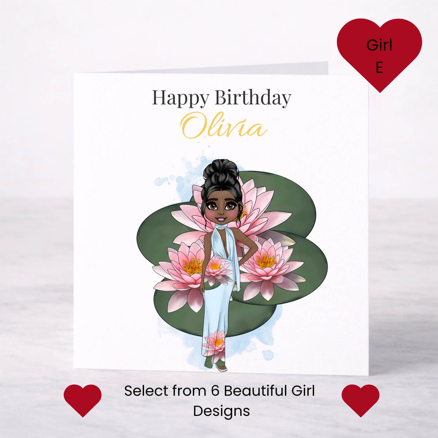 Personalised July Birth Flower Birthday Card – Water Lily Design, Custom Name, Choice of Girl