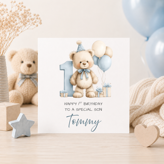 Personalised Teddy Bear 1st Birthday Card | Blue First Birthday Card For Boys