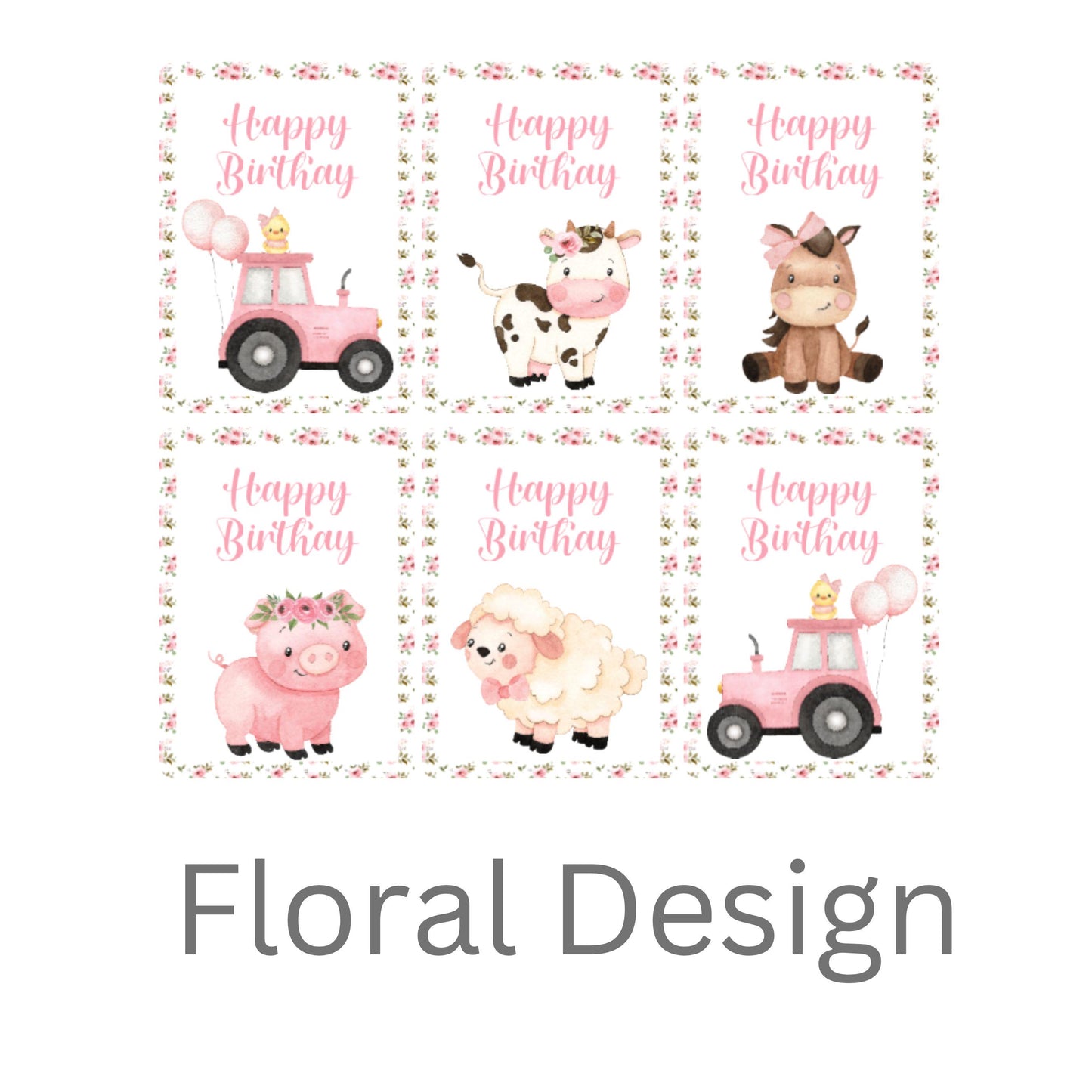 Farmyard Animal Happy Birthday Bunting – Pink Gingham or Floral Theme