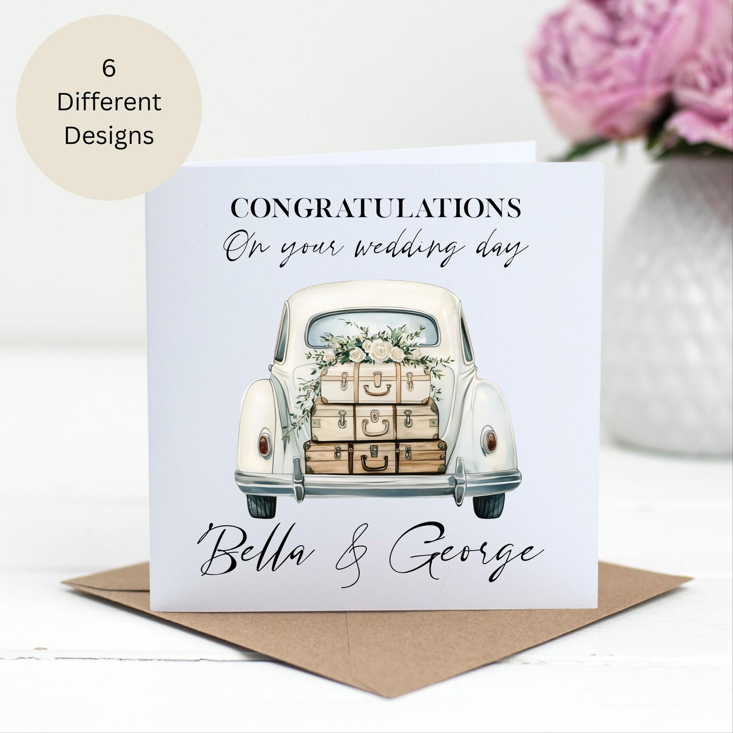 Personalised Vintage Car Wedding Card – Custom Names – 6 Designs Available