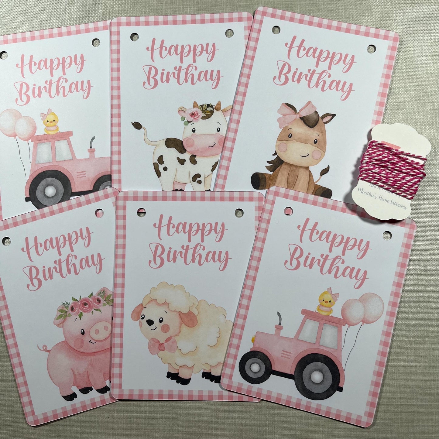 Farmyard Animal Happy Birthday Bunting – Pink Gingham or Floral Theme