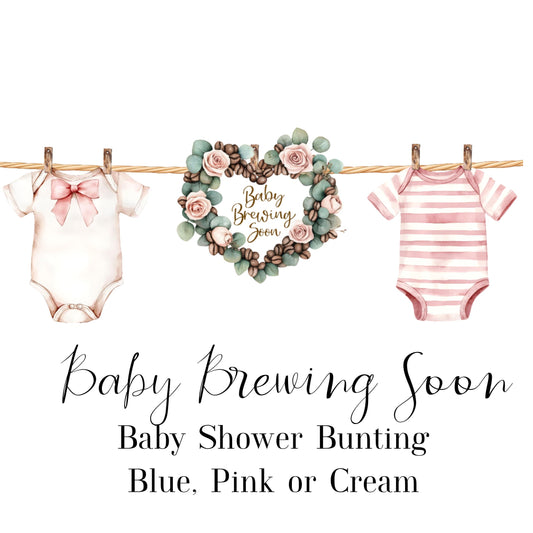 Baby Brewing Soon Clothesline Bunting – Handmade Baby Shower Garland with Mini Pegs, Heart or Coffee Cup Design