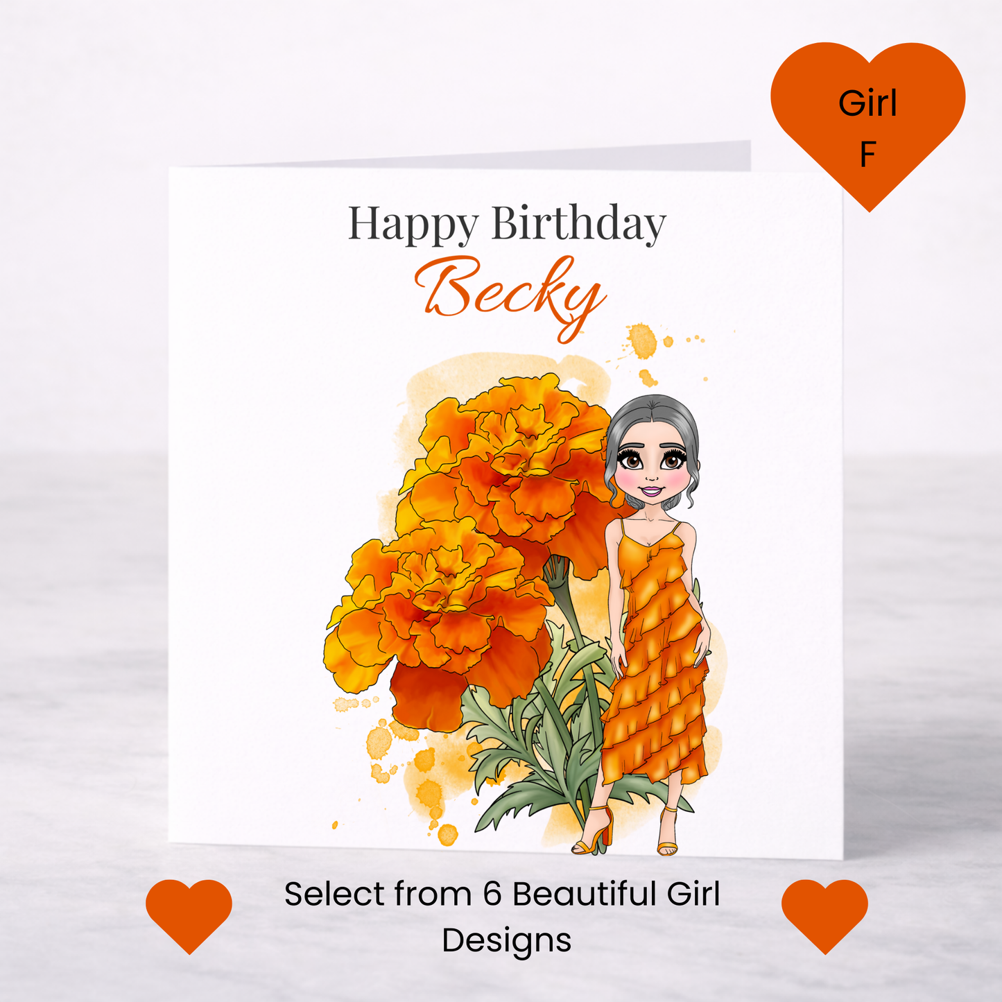 Personalised October Birth Flower Birthday Card – Marigold Design, Custom Name, Choice of Girl
