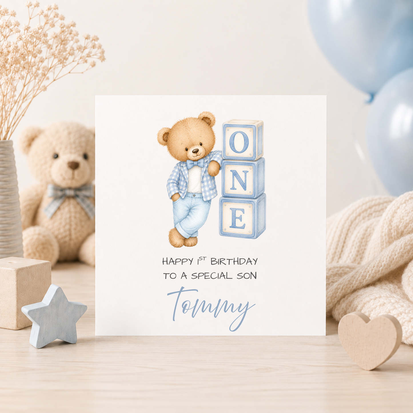 Personalised Teddy Bear 1st Birthday Card | ONE Block Birthday Card For Boys