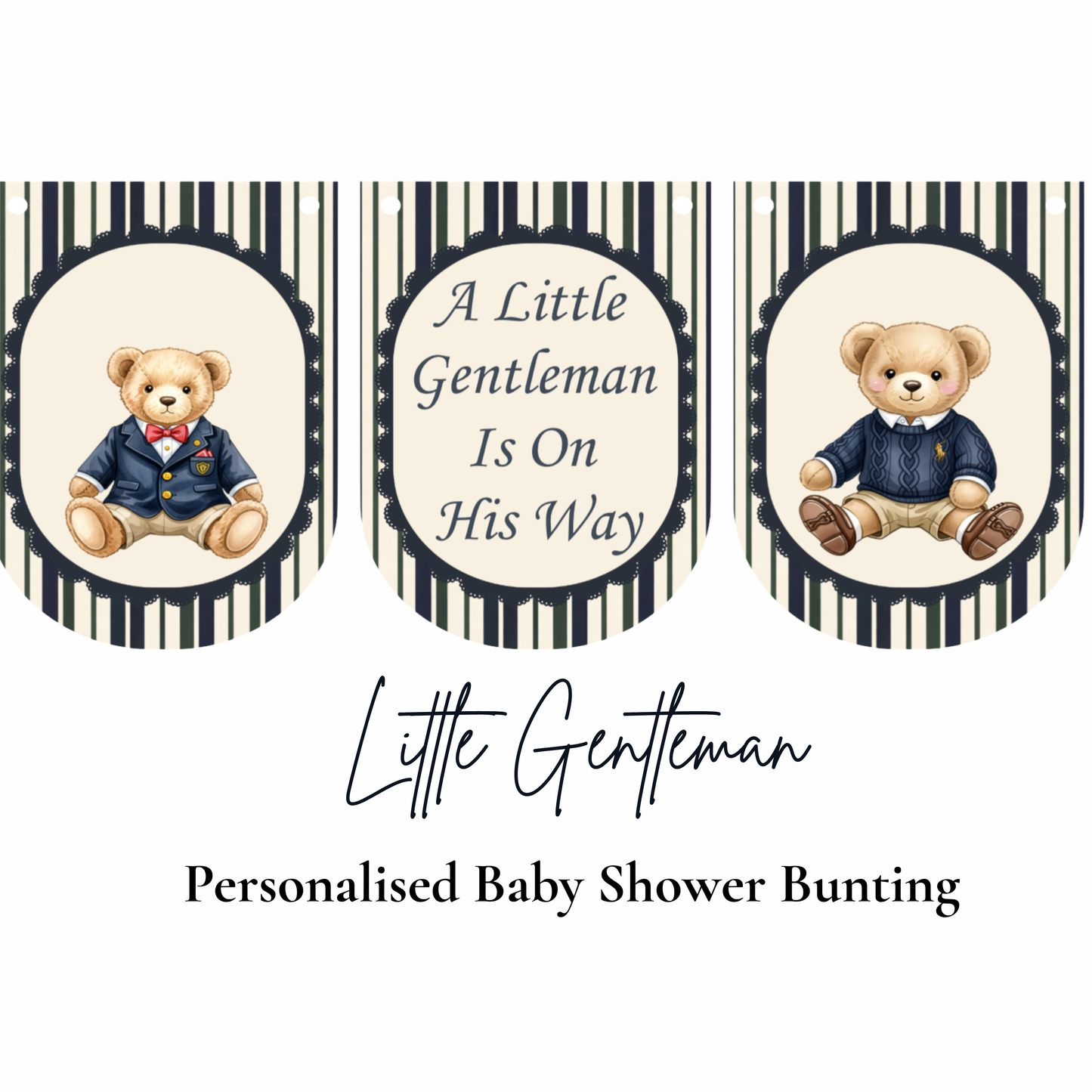 Little Gentleman Baby Shower Bunting – Personalised Teddy Bear Banner Boy
