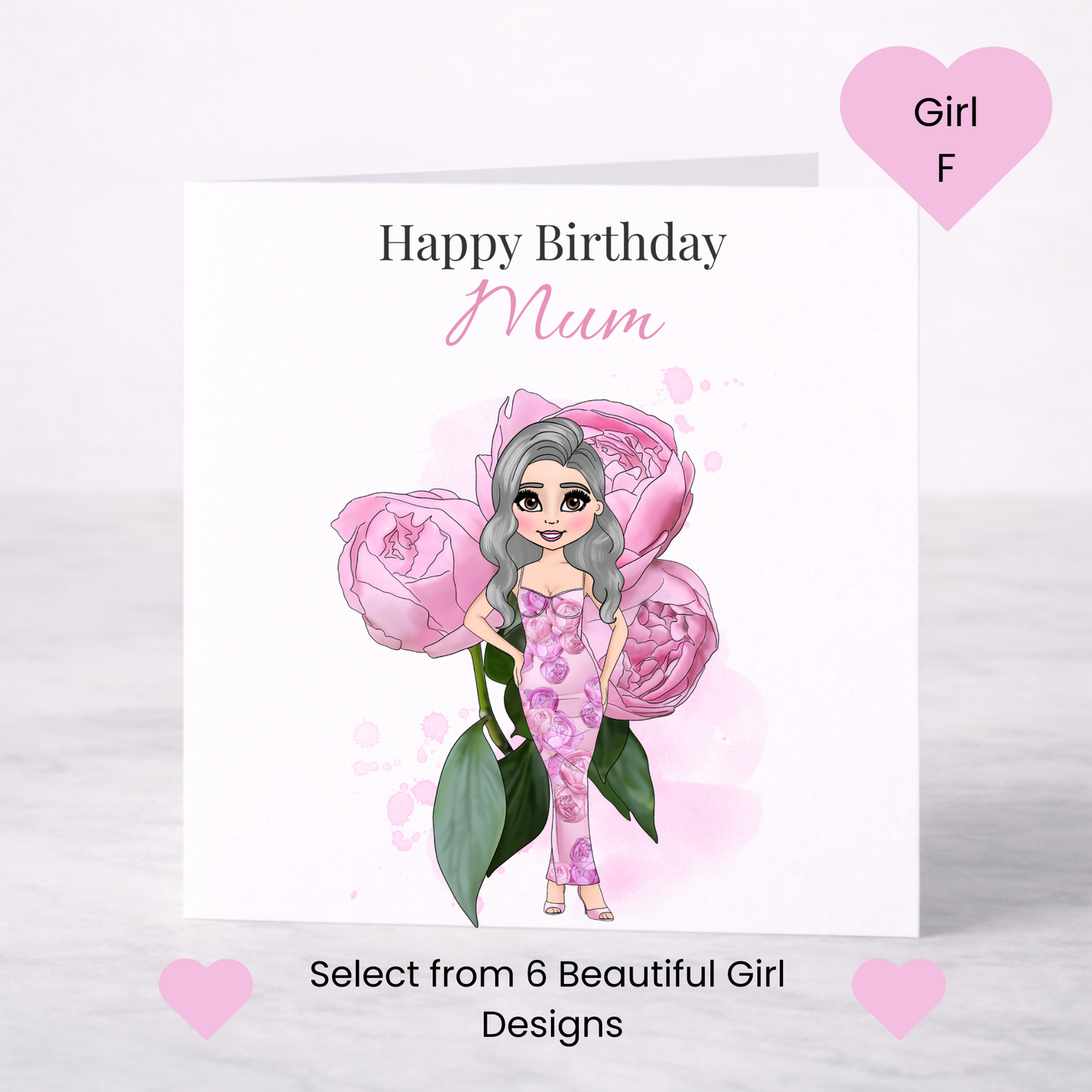 Personalised Peony Floral Birthday Card – Custom Name, Choice of Girl, Elegant Birthday Card for Her