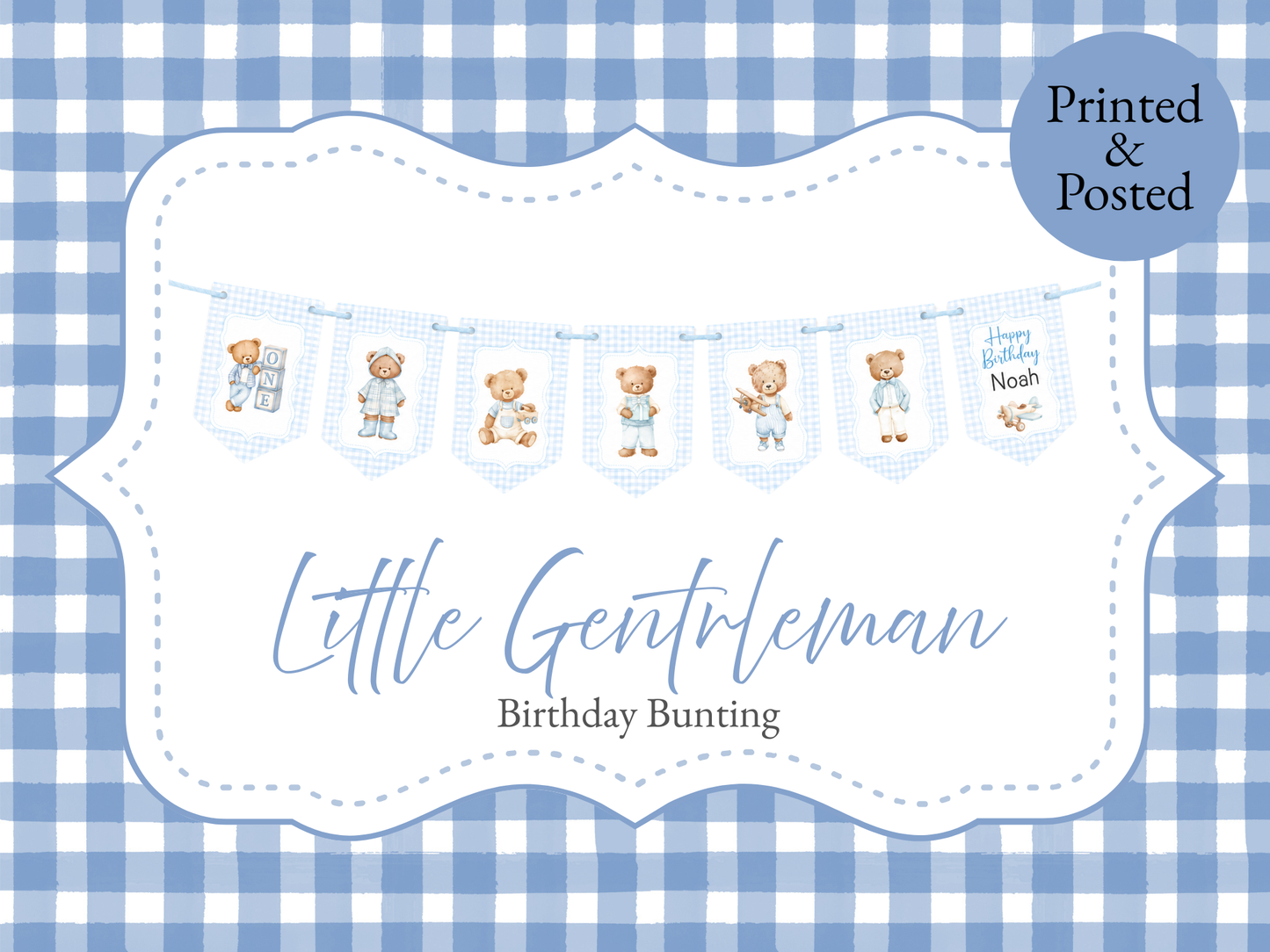 Personalised Teddy Bear Birthday Bunting | Blue Gingham 1st & 2nd Birthday Banner