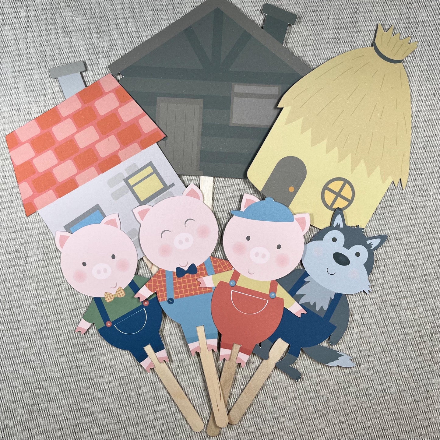 3 Little Pigs Storytelling Stick Set – Characters & Houses on Lolly Sticks