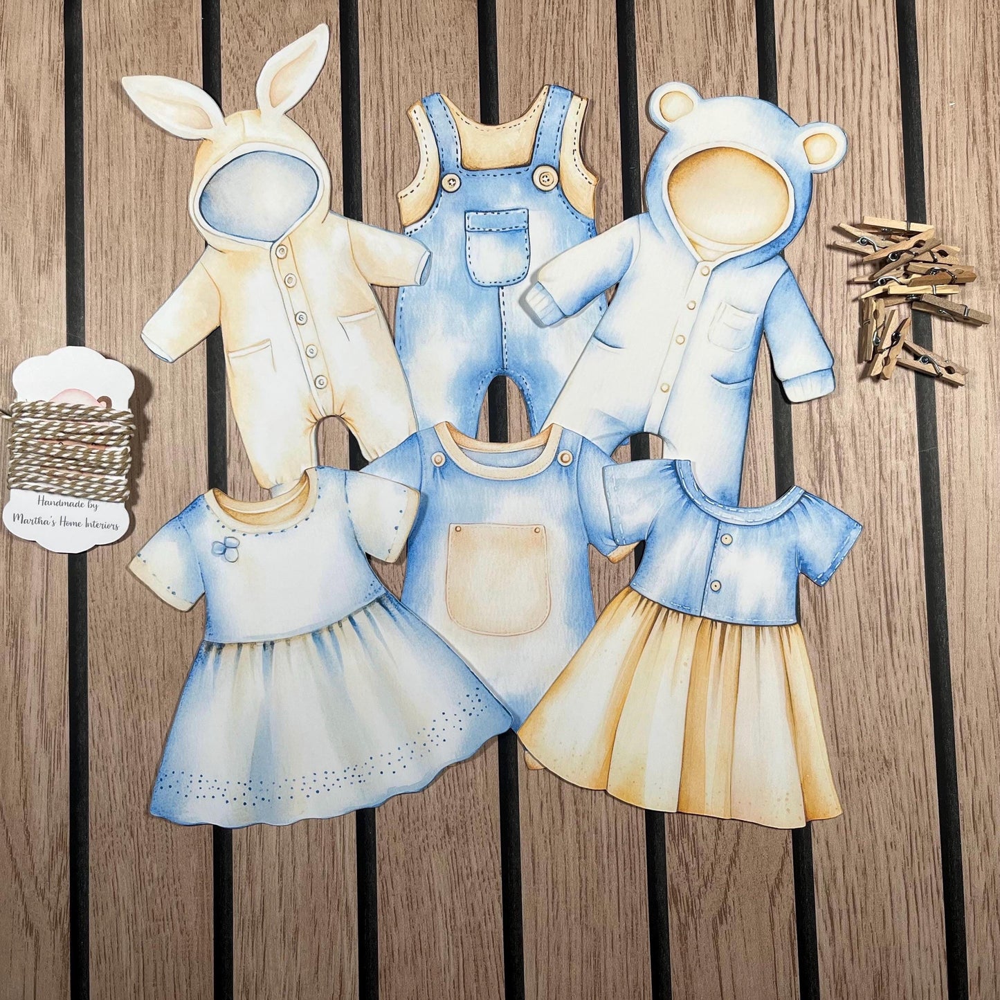 Baby Shower Bunting Washing Clothes Line Style - Beige and Blue