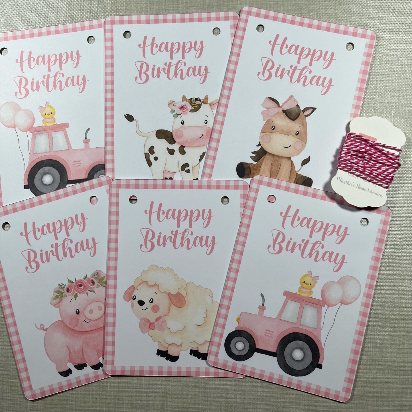 Farmyard Animal Happy Birthday Bunting – Pink Gingham or Floral Theme