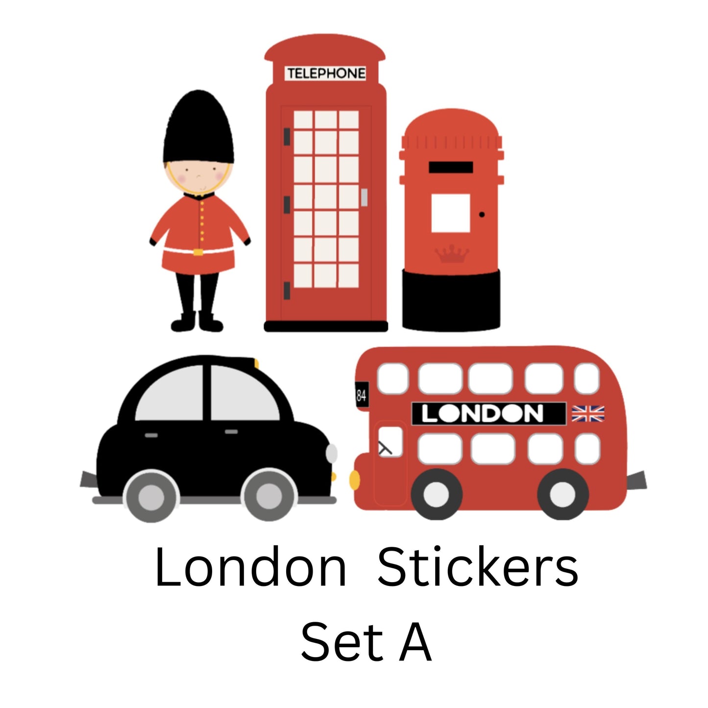London Themed Vinyl Wall Stickers – Black Taxi, Red Bus & British Icons – Matt or Glossy Finish