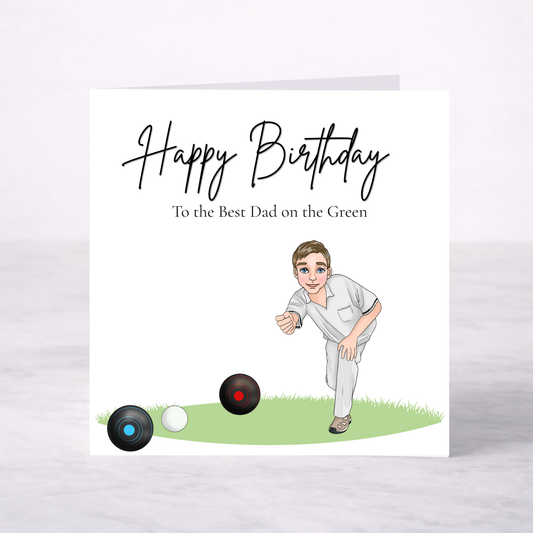 Crown Green Bowling Birthday Card for Dad or Grandad – Personalised Character Choice
