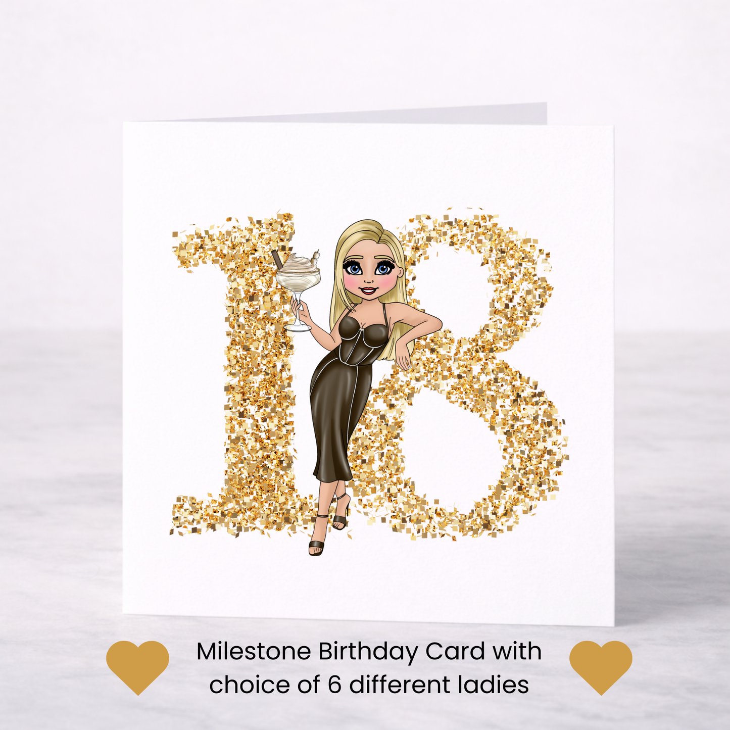 Gold Milestone Birthday Card – Choice of Lady & Age (18–70)
