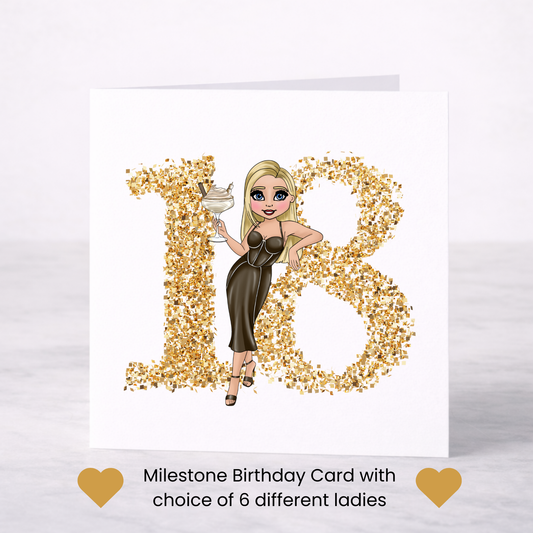 Gold Milestone Birthday Card – Choice of Lady & Age (18–70)