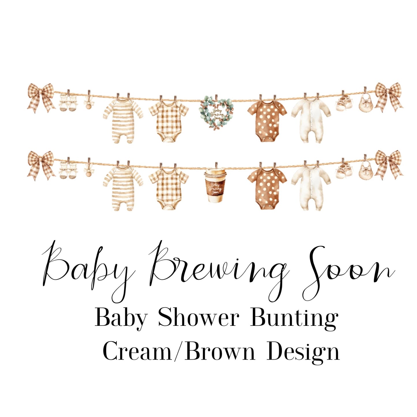 Baby Brewing Soon Clothesline Bunting – Handmade Baby Shower Garland with Mini Pegs, Heart or Coffee Cup Design