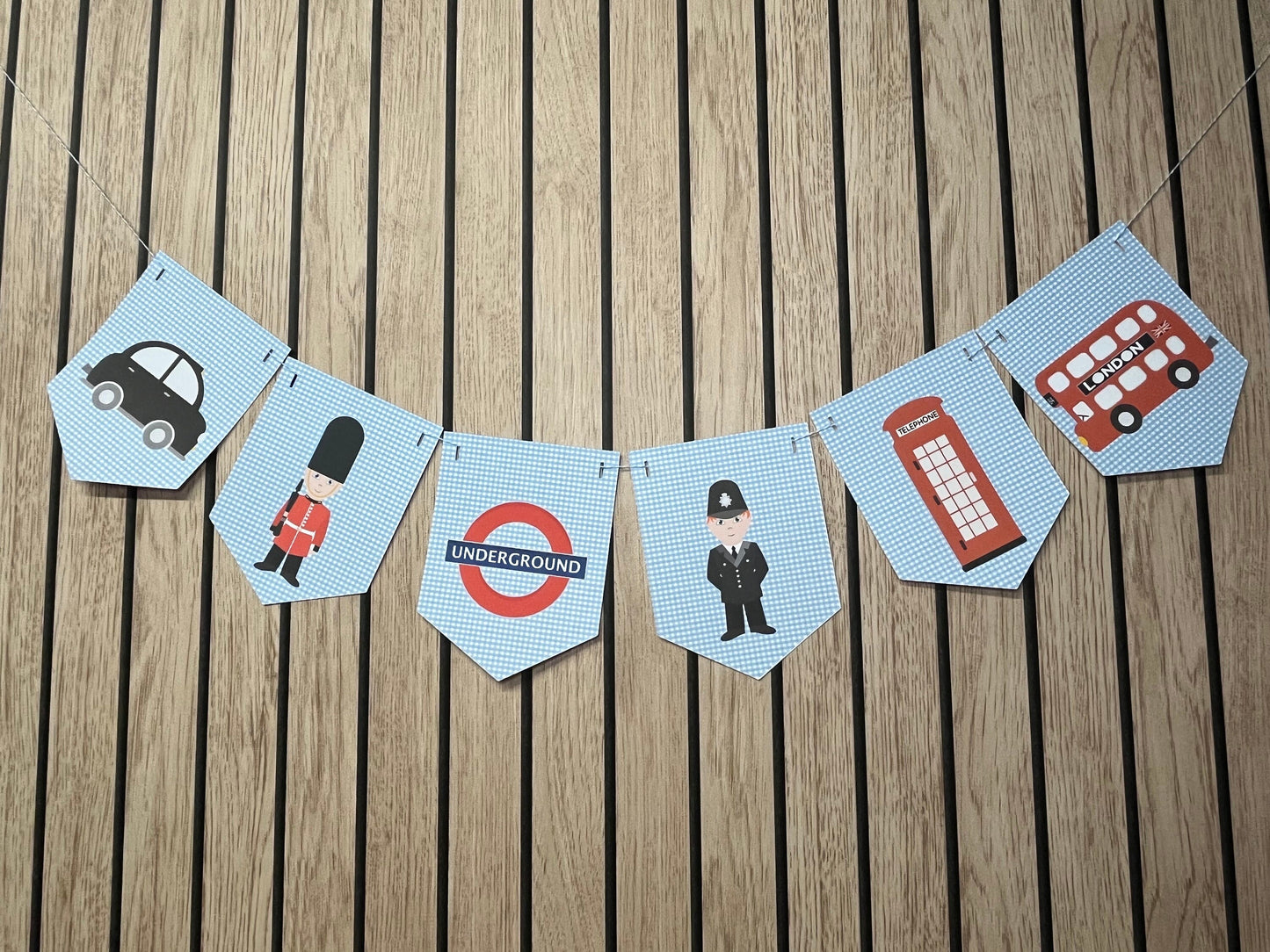 London Themed Bunting – British Nursery & Party Garland – Blue Gingham Design