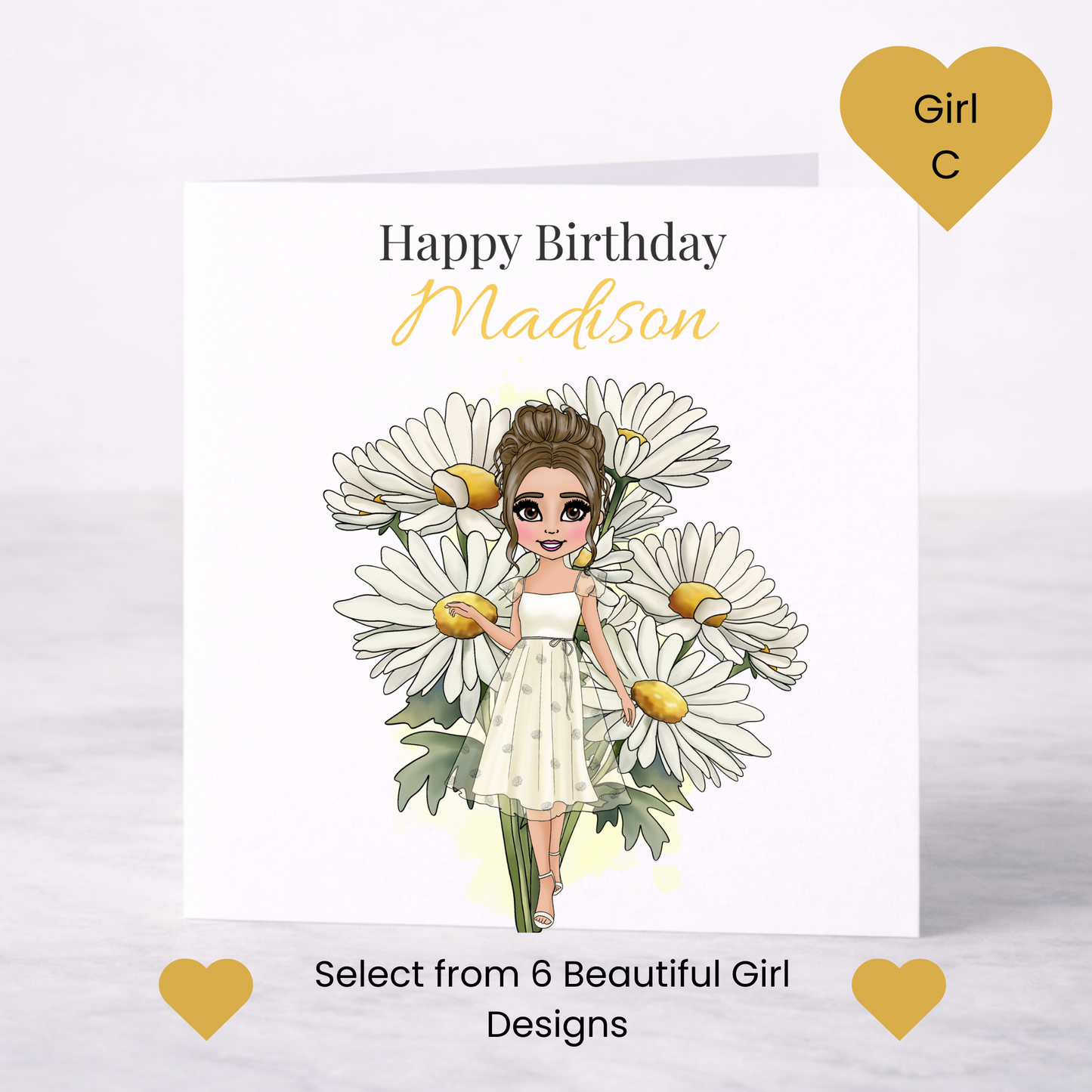 Personalised April Birth Flower Birthday Card – Daisy Design, Custom Name, Choice of Girl
