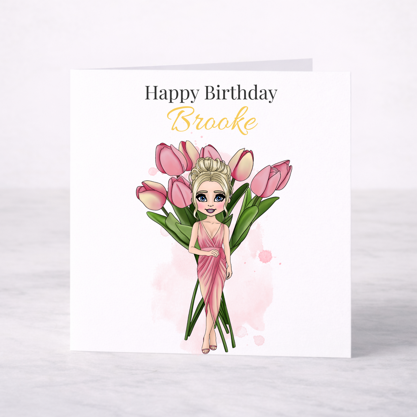 Personalised April Birth Flower Birthday Card – Tulip Design, Custom Name, Choice of Girl