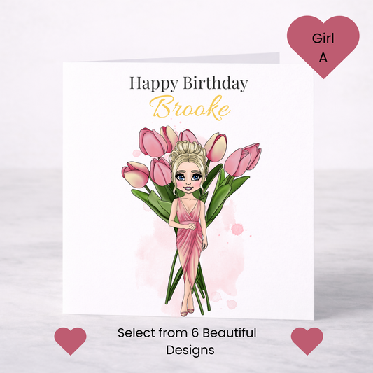 Personalised April Birth Flower Birthday Card – Tulip Design, Custom Name, Choice of Girl