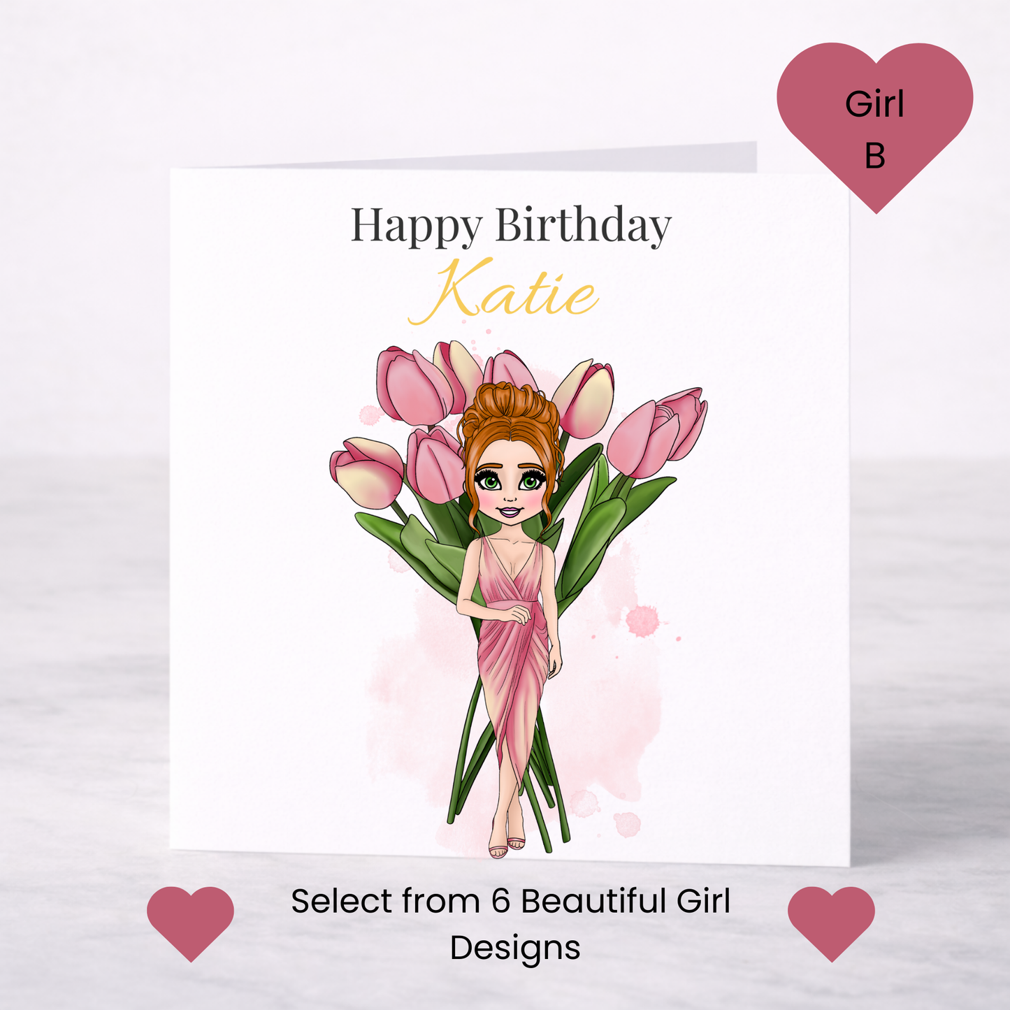 Personalised April Birth Flower Birthday Card – Tulip Design, Custom Name, Choice of Girl