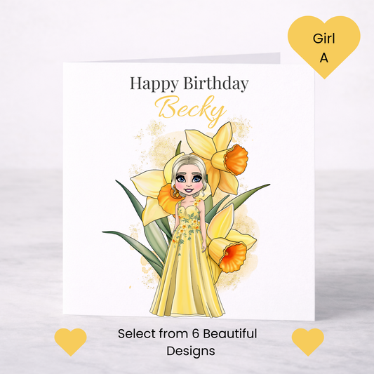 Personalised March Birth Flower Birthday Card – Daffodil Design, Custom Name, Choice of Girl