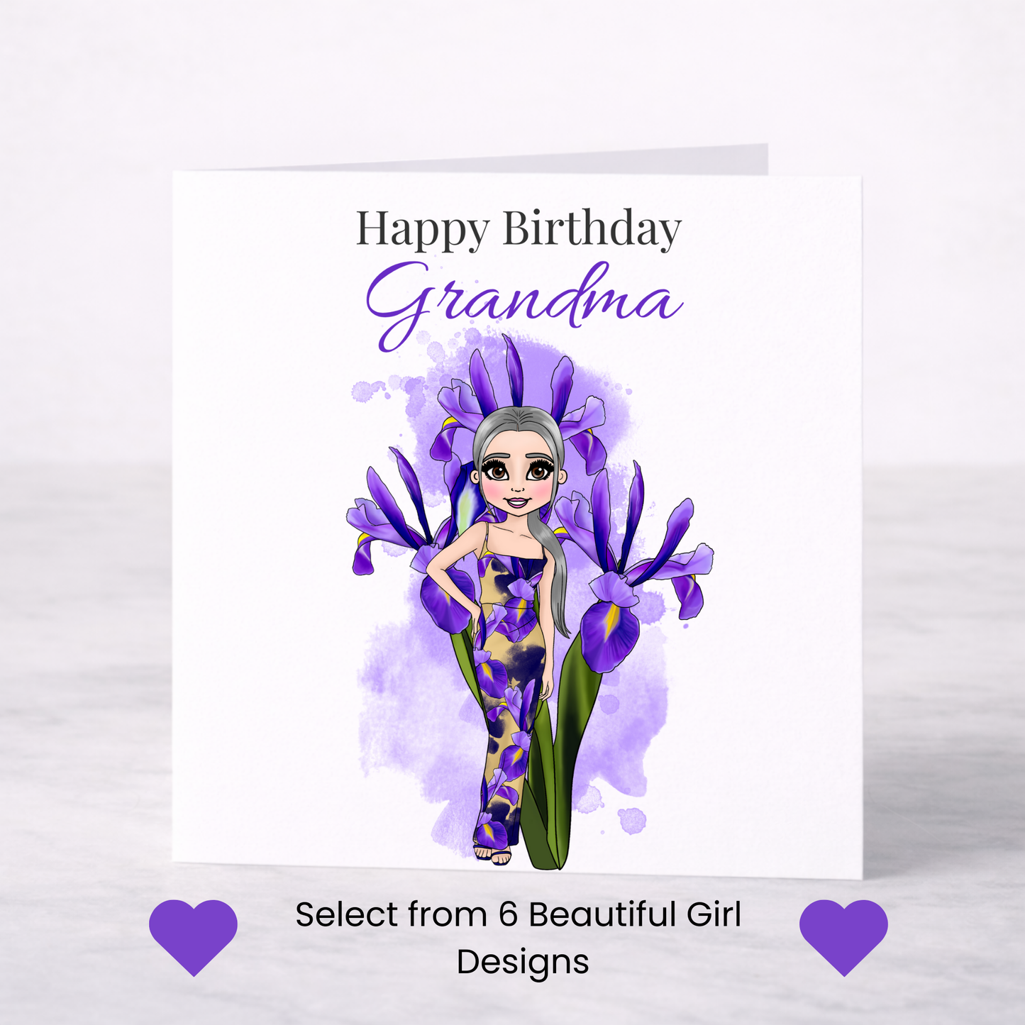 Personalised February Birth Flower Birthday Card – Iris Design, Custom Name, Choice of Girl