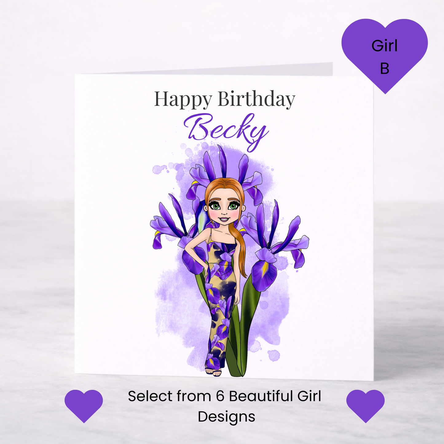 Personalised February Birth Flower Birthday Card – Iris Design, Custom Name, Choice of Girl