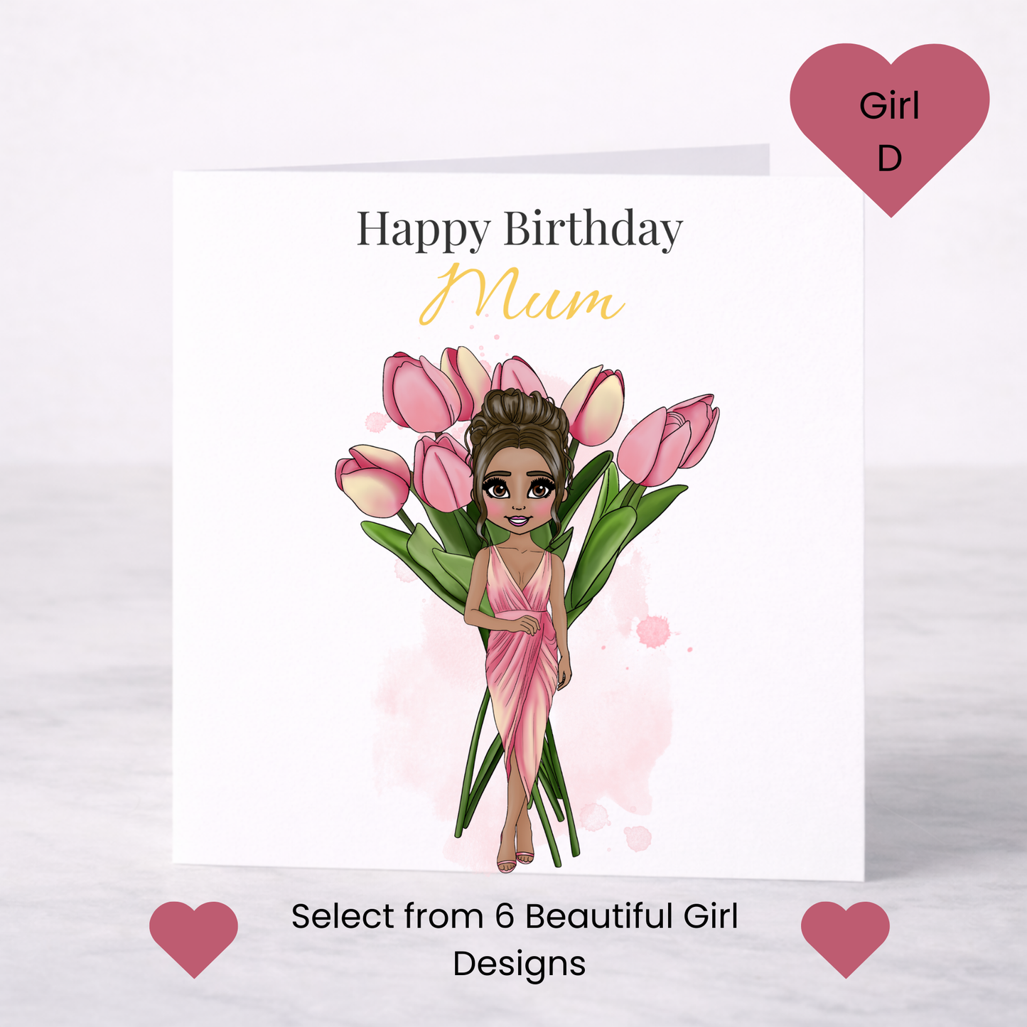 Personalised April Birth Flower Birthday Card – Tulip Design, Custom Name, Choice of Girl