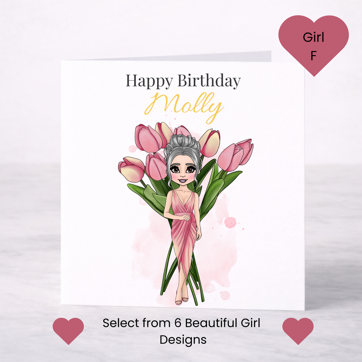 Personalised April Birth Flower Birthday Card – Tulip Design, Custom Name, Choice of Girl