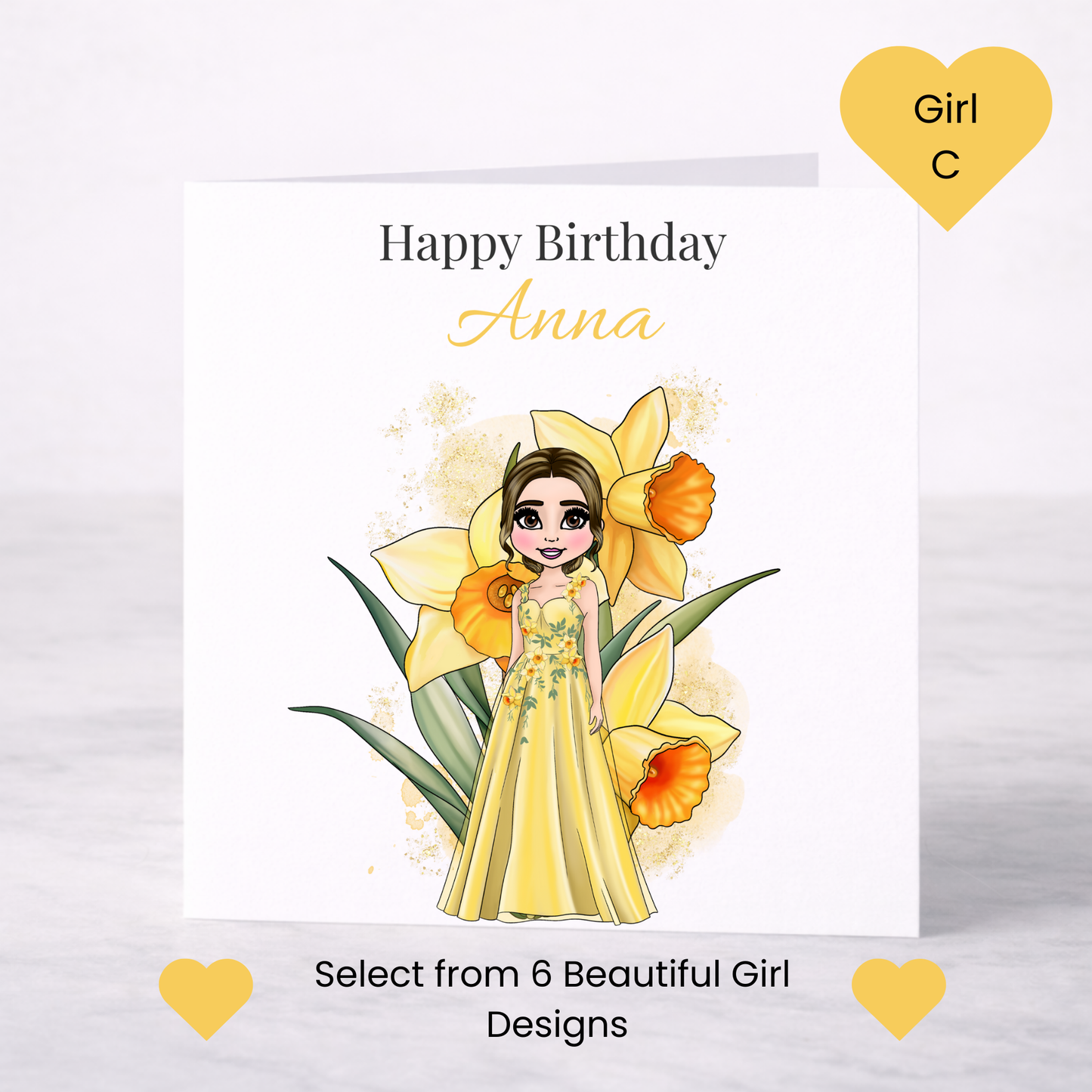 Personalised March Birth Flower Birthday Card – Daffodil Design, Custom Name, Choice of Girl