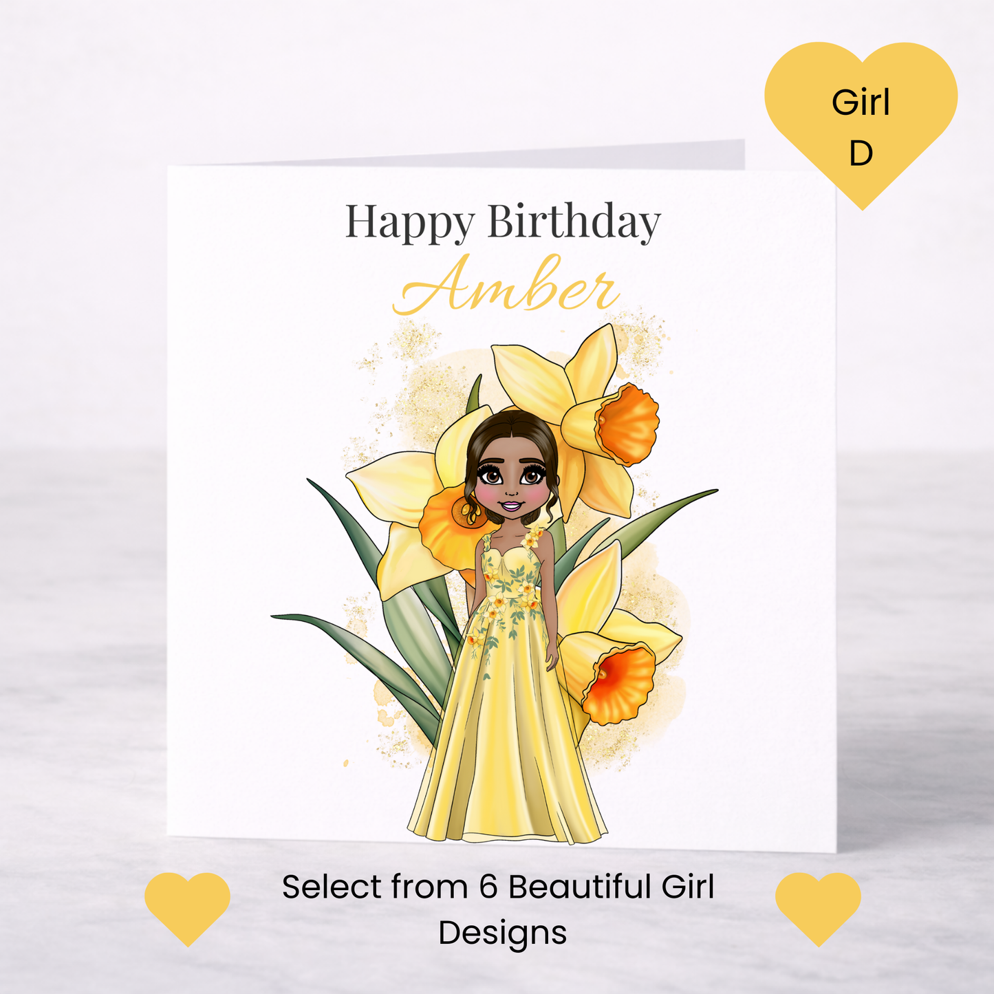 Personalised March Birth Flower Birthday Card – Daffodil Design, Custom Name, Choice of Girl