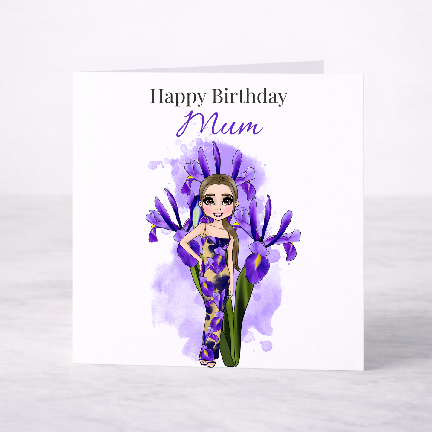 Personalised February Birth Flower Birthday Card – Iris Design, Custom Name, Choice of Girl