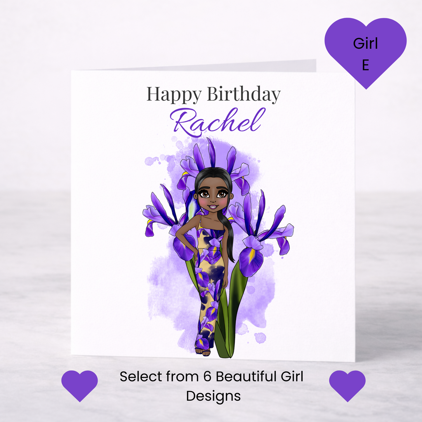 Personalised February Birth Flower Birthday Card – Iris Design, Custom Name, Choice of Girl