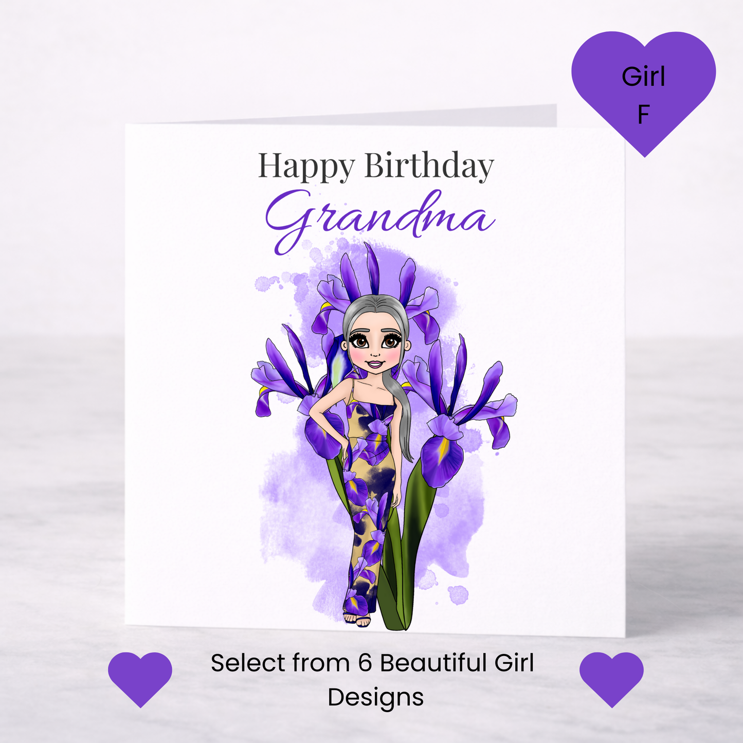 Personalised February Birth Flower Birthday Card – Iris Design, Custom Name, Choice of Girl