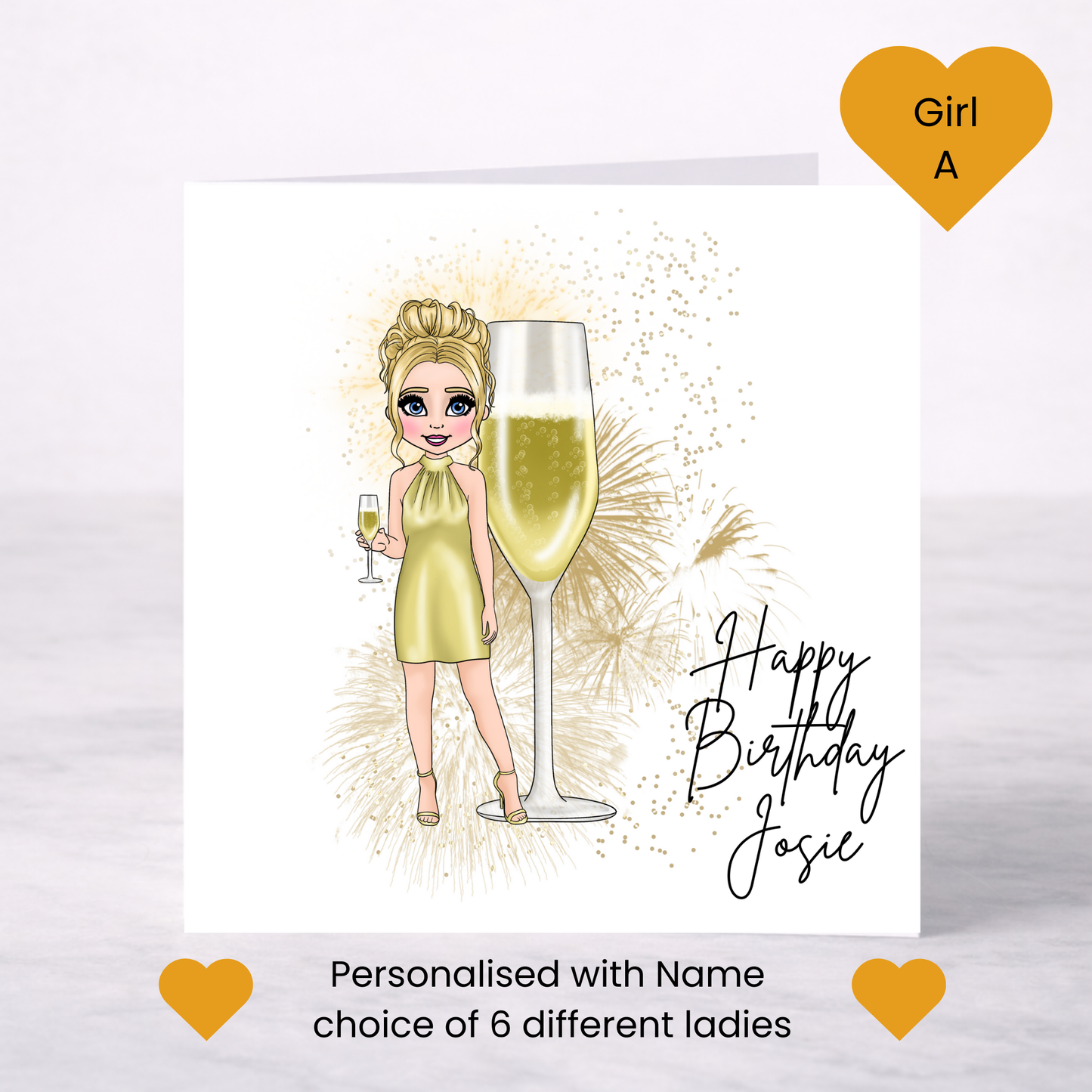 Personalised Champagne Birthday Card – Gold Dress Lady Design